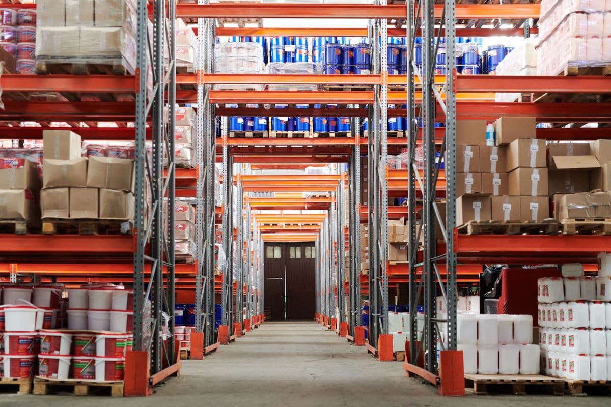 Palletised cargo stored in a distribution warehouse